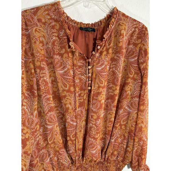 Jessica Simpson XL Blouse Auburn Orange Folkloric Emery Boho Lined Button Front - Picture 3 of 6